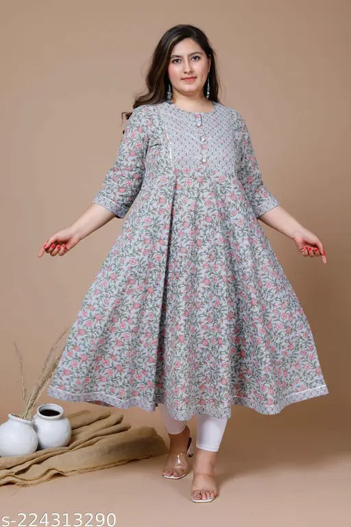 Blue & Pink Plus Size Anarkali Kurta, Indian ethnic motifs printed Gotta Patti cotton dress with three-quarter sleeves