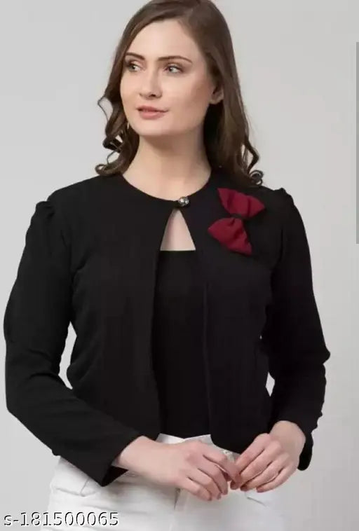 Black cotton blend casual women's jacket with bow, solid pattern, long sleeves, Soul Essence design, ideal for parties or everyday wear
