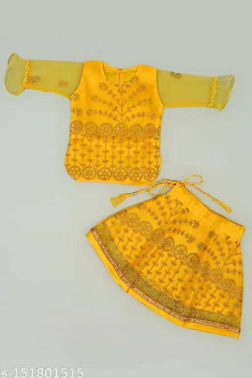 Embroidered kids net lehengas with three-quarter sleeves, Indian handcrafted traditional clothing for 6-12 months