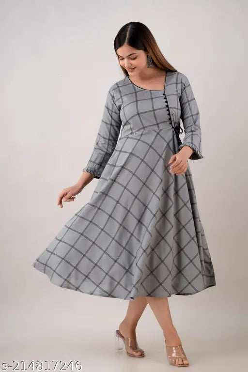 Grey rayon check Anarkali kurta for office/party wear, features three-quarter sleeves and frill details. Perfect for casual or formal events