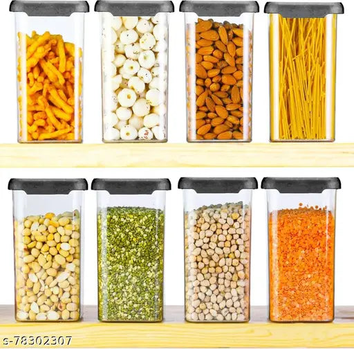 8 clear plastic storage containers with black lids, ideal for pantry organization.