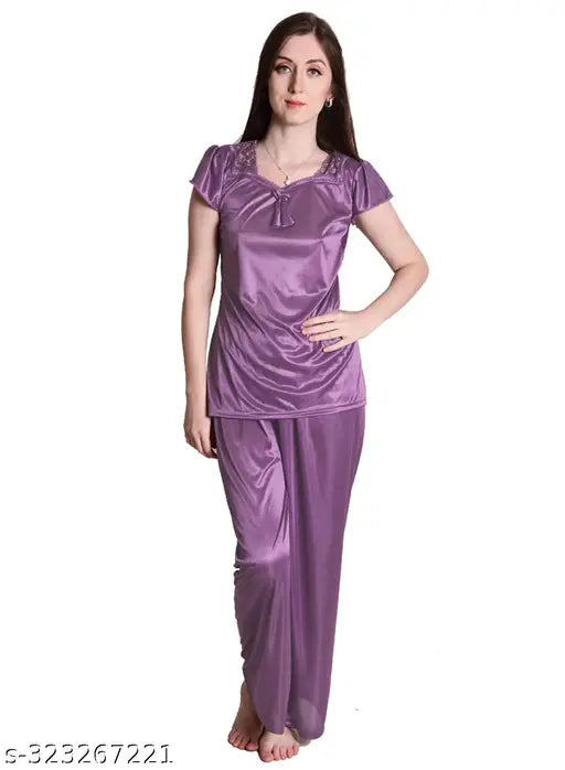 Purple satin women's night suit top and pajama set, comfortable fashion for bedroom or special nights, made by Nightdoll brand in India