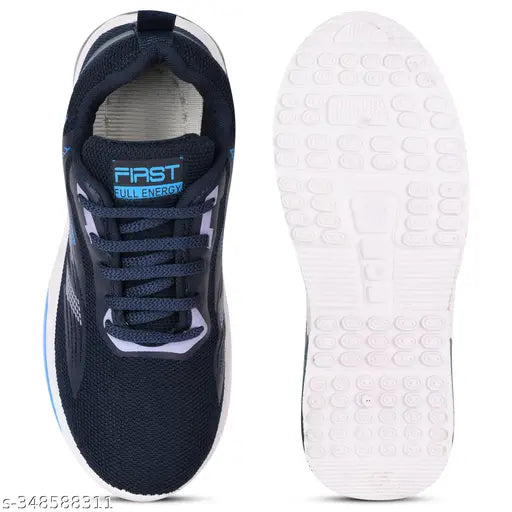 Blue lace-up running shoes with a blue shoelace