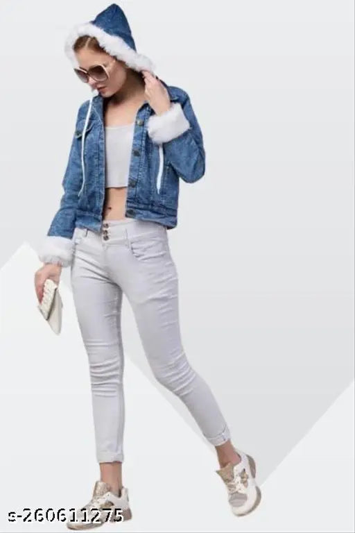 Solid denim fur hood jacket for women, self-designed in India with long sleeves
