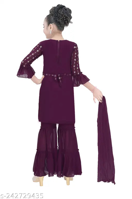 Embellished three-quarter sleeve cotton kurta palazzos for girls - Riwaaz Full Sleeve Cotton Kurta Plazoo on India-made display stand