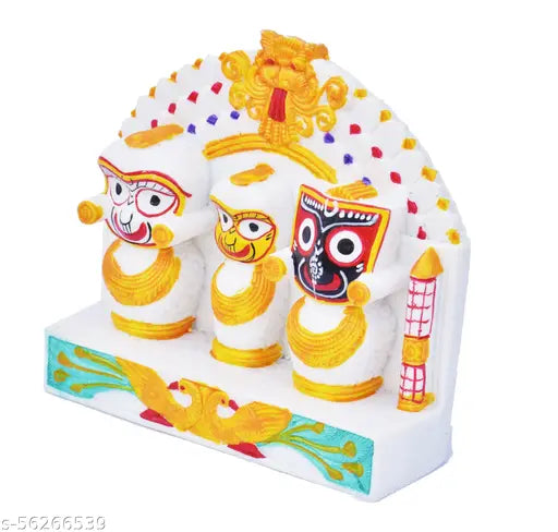 Handcrafted ceramic Lord Jagannath, Balabhadra, Subhadra in Mayura Singhasana and Rahu on Top, Indian home decor car dashboard showpiece (15 cm H x 15 cm W x 5 cm L)