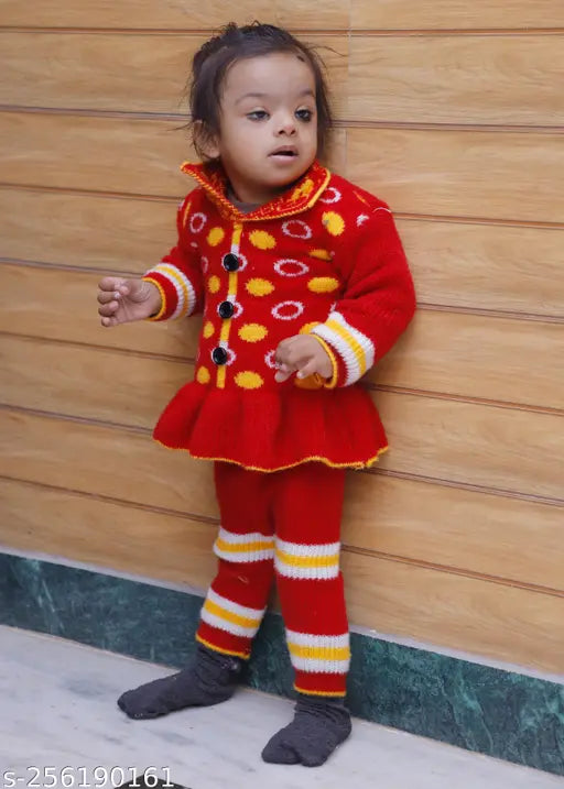 Polka dot print woolen set: Navjai baby sweater with collar neck frill design, comfortable & warm winter clothing for 1-2 year olds