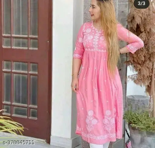 Pink embroidered Rayon Anarkali Kurta with three-quarter sleeves, high quality check passed. Boat neck design, made in Jaipur, India. Sizes: S (36in), M (38in), XXL (44in), XXXL (46in)