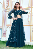 Georgette embroidery work set: fancy printed top, plazzo bottom, three-quarter sleeves jacket - available in S, M, L, XL, XXL