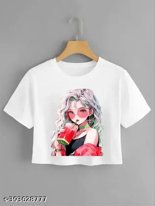 White polyester crop top with short sleeves and printed net pattern for girls, made in India