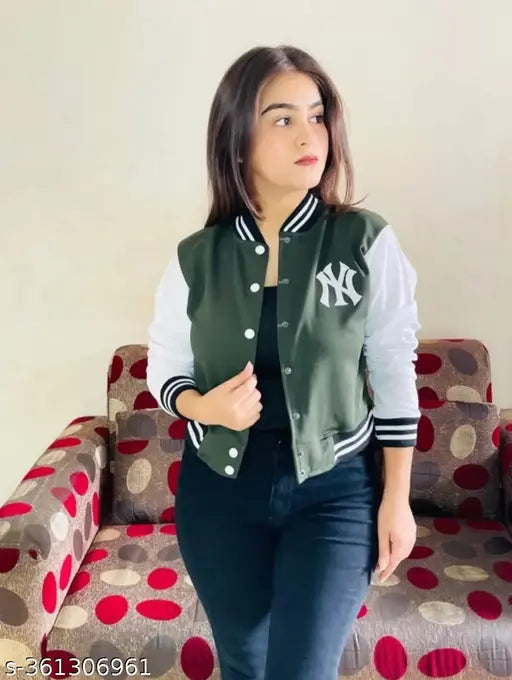 Dark green zipper jacket for girls, full sleeve solid design