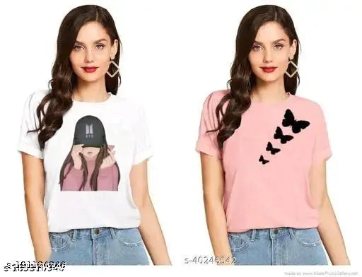 White cap girl and pink butterfly cotton T-shirts, short sleeves, soft & comfortable, printed design on front