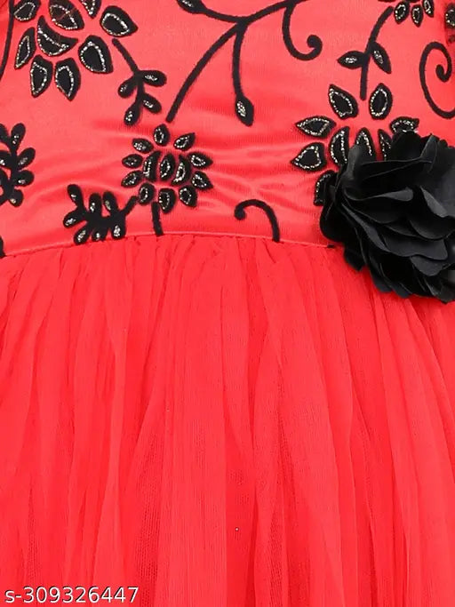 Embellished red net party gown for kids, full length with long sleeves, size 1-2 years (India)