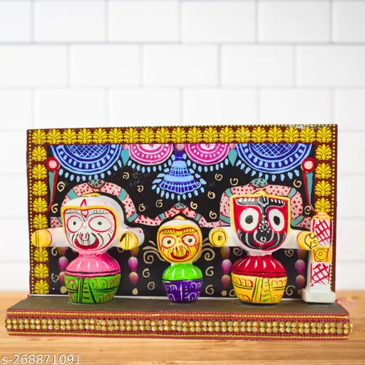 Ceramic God Idol, The Holy Trinity on Majestic Singhasana, Indian artisan-crafted Jagannath Murti, 20cm x 12.5cm x 4cm in size