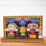 Ceramic God Idol, The Holy Trinity on Majestic Singhasana, Indian artisan-crafted Jagannath Murti, 20cm x 12.5cm x 4cm in size