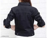 Black cotton-blend women's denim jacket, solid style with long sleeves - XL, 40" bust and 21" length