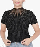 Trendy knit mesh crop top with sparkling rhinestone embellishments, stylish women's fashion blouse on mannequin, free size, made in India
