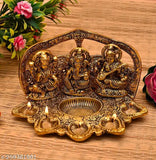 Gold-plated Ganesh Laxmi Saraswati idol with 5 face diya, traditional decorative showpiece for home and office table - 14 cm (Metal)