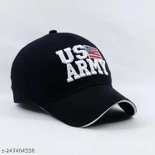Black cotton baseball cap featuring USA Army print, suitable for casual, beachwear, parties, and sports events. Made in India