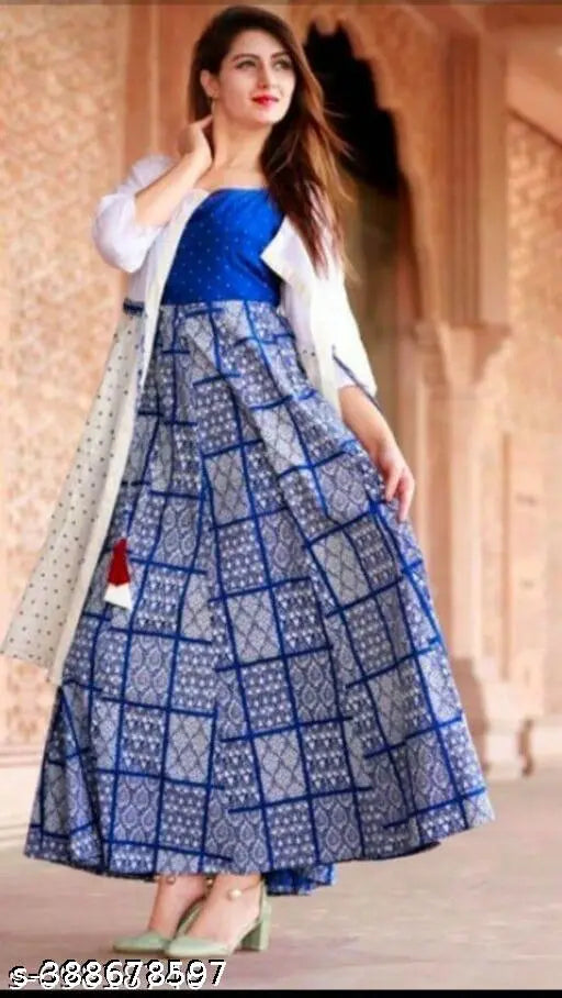 Blue Printed Checked rayon kurti with shrug, three-quarter sleeves - perfect for women's ethnic wear in soft colors, stylish and comfortable