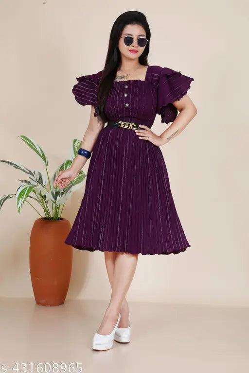 Purple cotton A-line dress with ruffled sleeves and v-neck
