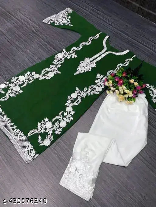 Embroidered georgette kurta and crepe palazzos set for women, single size available, Indian-made fashion