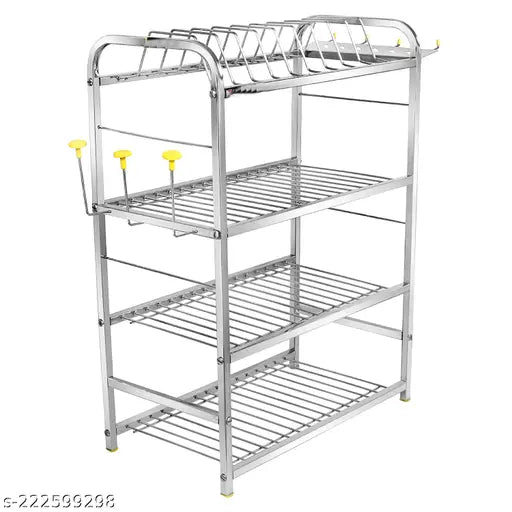 Stainless steel four shelf kitchen dish rack, perfect for plate and cutlery storage