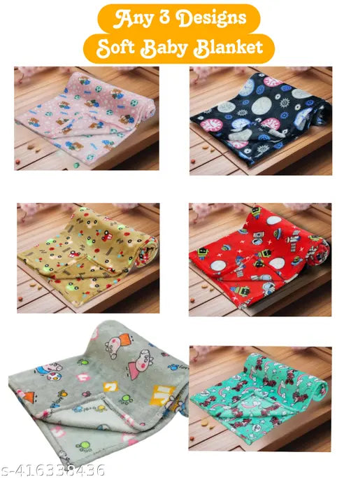 Fleece AC baby blankets, pack of 3 with cartoon prints, ideal for nursery or playroom, 120 thread count