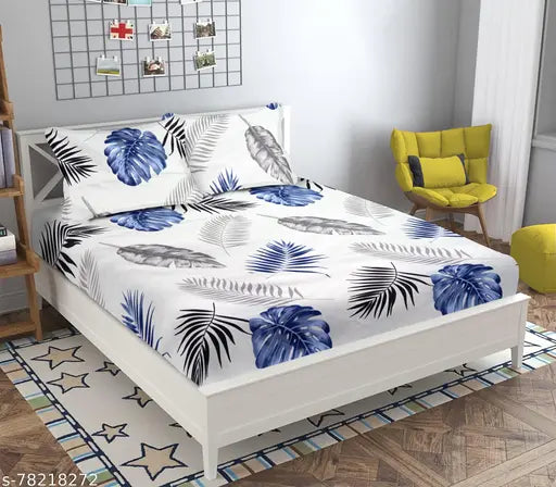 White, cotton-blend, premium fitted bedsheets set (Double) with all-around elastic, 220 TC supersoft, botanical print, for 78x72+10 Mattress, summer season