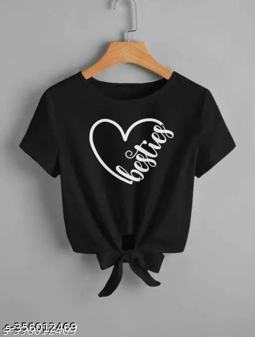 Black Heart Attech printed Lycra short-sleeve top, featuring the popular "Besties" design. S - Bust 32", Len 18"; M - Bust 34", Len 19"; L - Bust 36", Len 20"; XL - Bust 38", Len 21". Made in India