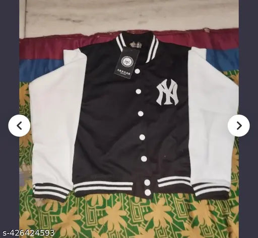 Black children's winter coat with cropped length and zipper front closure