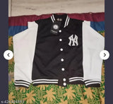 Black children's winter coat with cropped length and zipper front closure