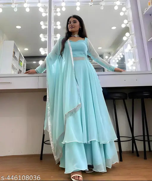 Multicolor Peach Pink Sky Blue Astha Faux Georgette Anarkali Gown & Plazoo Set with matching Dupatta - Stylish V Neck Party wear for women