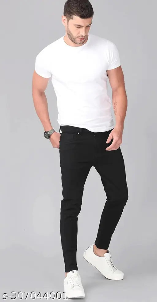 Elegant black denim slim fit jeans for men - Brand: POKHINDA, style: skinny fit, stretchable, size options available (28, 30, 36), origin: India