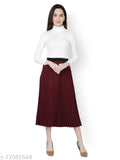 Polyester wine-colored pleated skirt, solid lycra and elasticated waistband for casual occasions