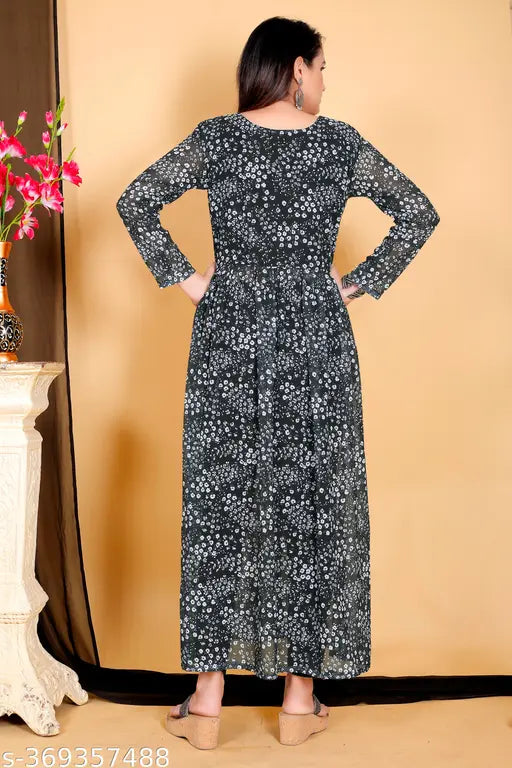 Black and white floral print Georgette Women's Fancy Kurti, intricate lace and beadwork, suitable for formal events