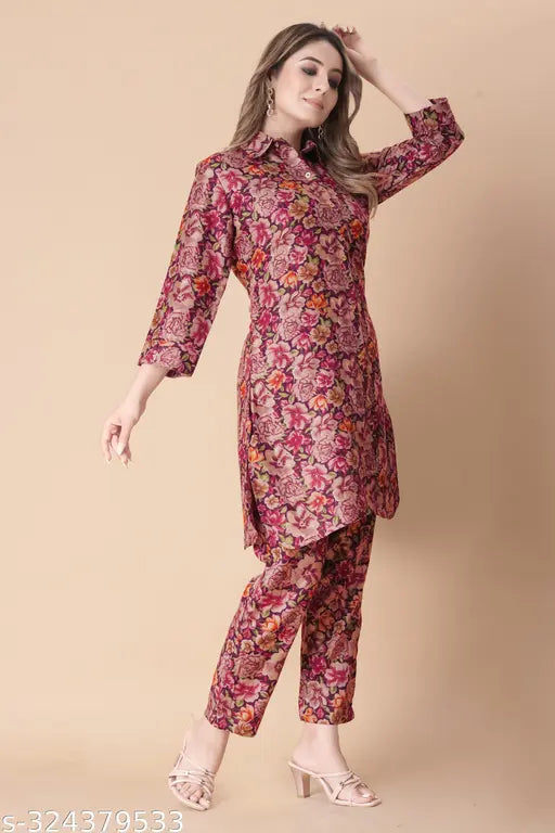 Designer foil printed coord set in modal fabric, three-quarter sleeves, Indian designer partywear on hanger