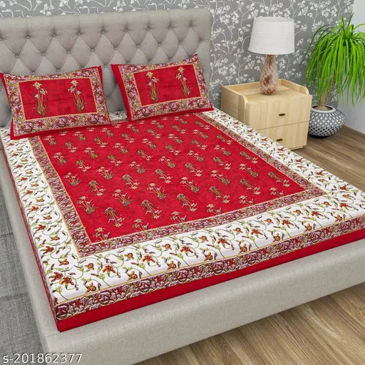 Red Jaipuri Cotton Double Bedsheet with 2 Pillow Covers, floral print on white.