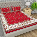 Red Jaipuri Cotton Double Bedsheet with 2 Pillow Covers, floral print on white.