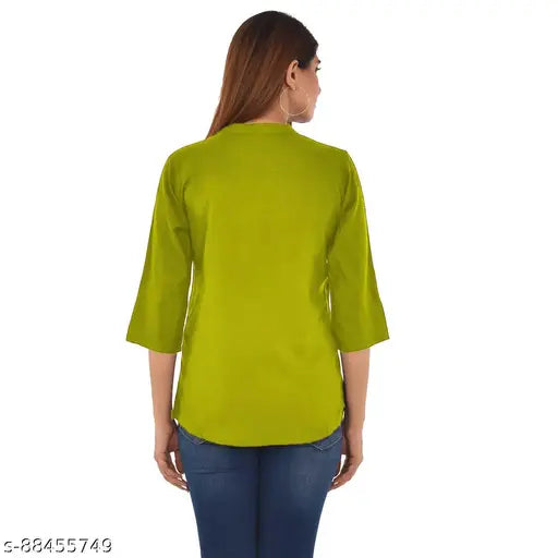 Plus-size trendy rayon mehndi top, three-quarter sleeves, solid pattern. Indian-made women's fashion for XL (46in/30in) & 4XL (48in/31in) sizes