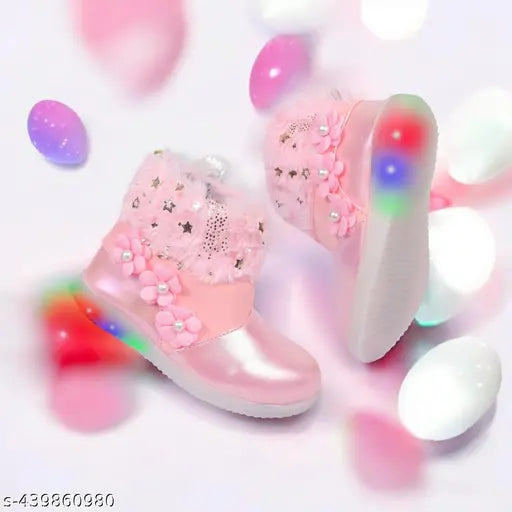 Synthetic kids party shoes, embellished with various sizes: 0-4M (10.5in), 6M (20in), 8M (23in), 10-12M (11.5in), 1yr (11in), 2yr (13.5in), 3yr (15in), 4yr (17in), 5yr (18.5in), 9-10yrs (24in), India-made fun footwear for little ones