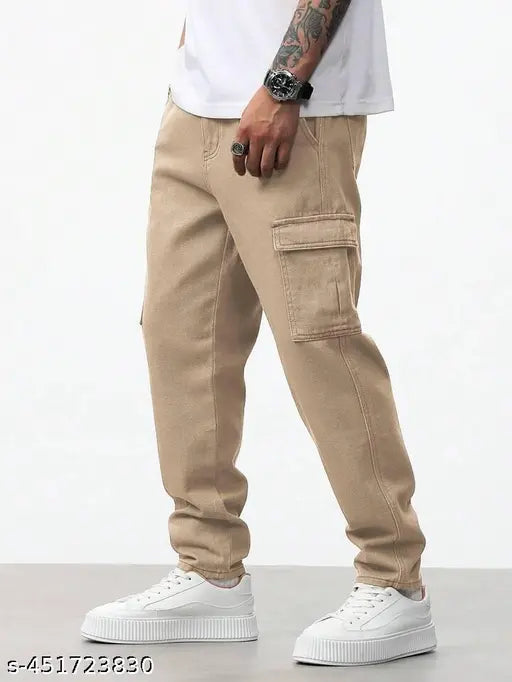 Cream trousers with six pockets, worn by a man in casual attire