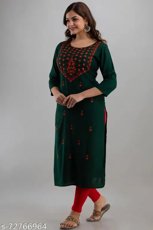 Green rayon three-quarter sleeve embroidered top, Indian fashion