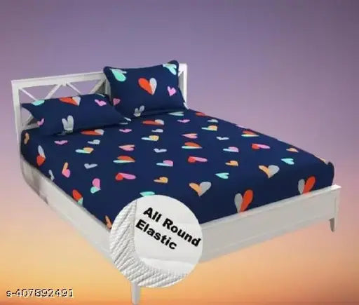 Elastic fitted double cotton bedsheet (90x90, 78x72), deep pocket 6", romantic multi-color with 2 pillow covers, ideal for anniversaries, machine washable