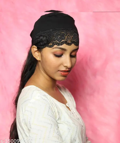 Black headscarf with lace trim, pack of two