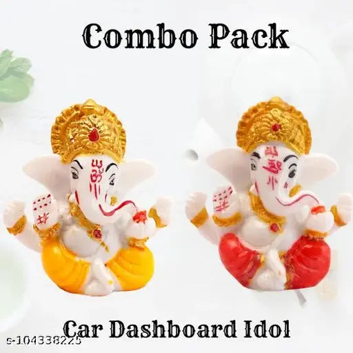 Yellow and orange Lord Ganpati Murti combo pack for car dashboards, Indian religious idols for car interior accessories