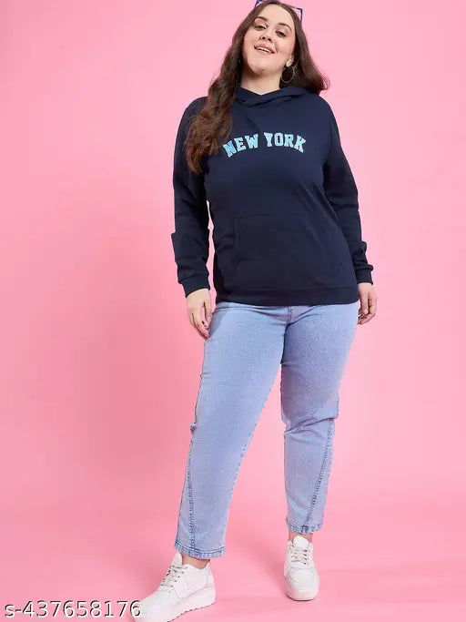 Navy blue fleece women's printed solid sweatshirt with long sleeves, featuring vibrant graphics
