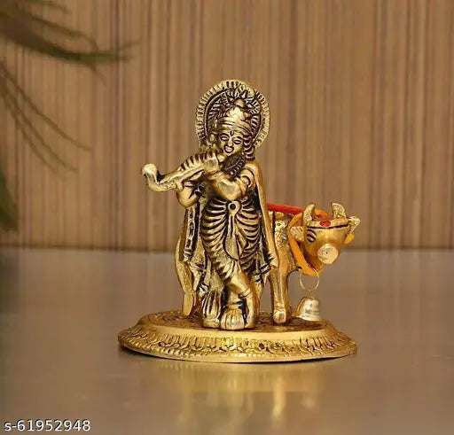 Golden CraftVatika Krishna idol with Kamdhenu Cow, intricately detailed Indian metal sculpture of flute-playing deity with cow