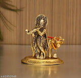 Golden CraftVatika Krishna idol with Kamdhenu Cow, intricately detailed Indian metal sculpture of flute-playing deity with cow