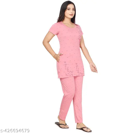 Printed polycotton nightsuit, round neck, half sleeves for women and girls. Soft, loose-fitted, and perfect length for leggings or jeans. Made in India." (123 characters)